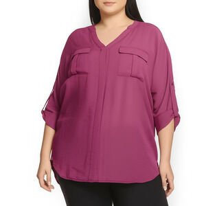 a.n.a Womens 3X Purple Utility‎ Shirt Roll-Tab Sleeves Casual Relaxed